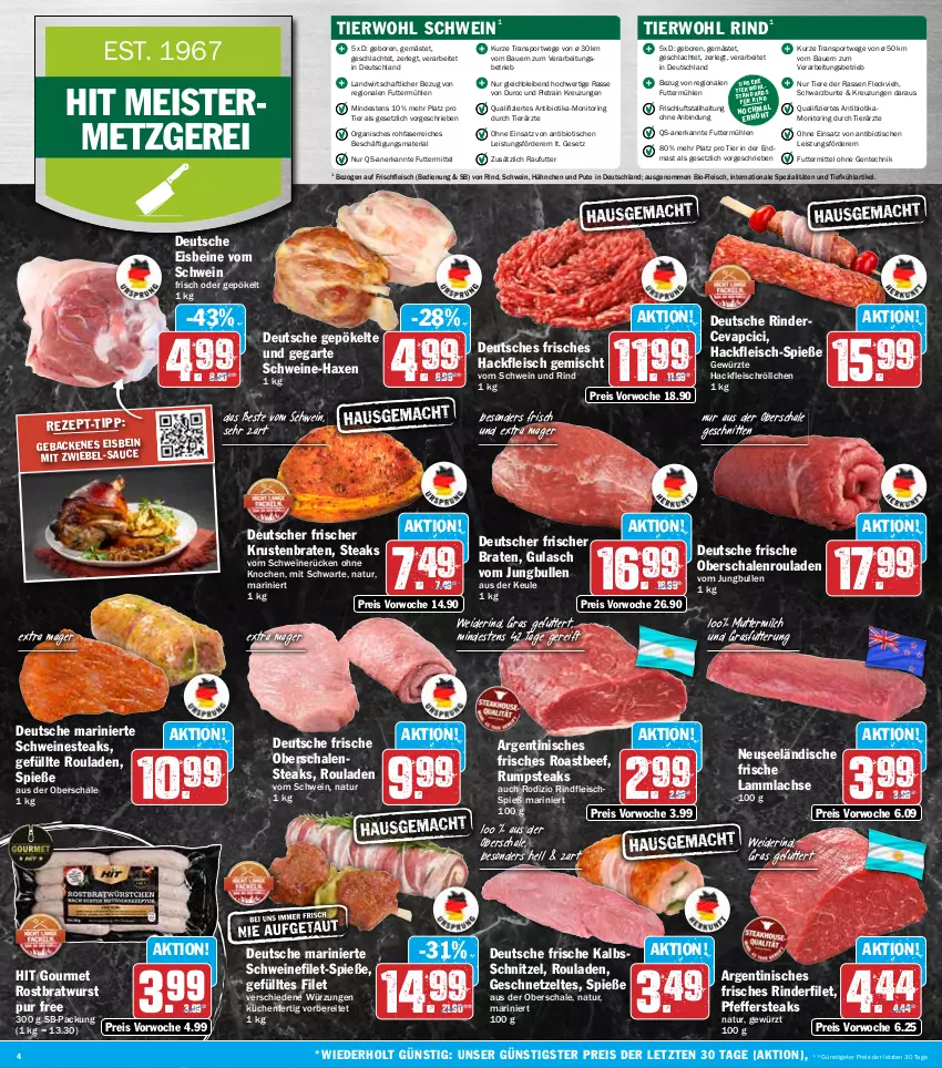Aktueller Prospekt Hit - Wochenprospekt - von 25.08 bis 30.08.2025 - strona 4 - produkty: auer, axe, Bau, Bauer, beef, bio, braten, bratwurst, cevapcici, eis, ente, filet, fleisch, geback, Geflügel, geschnetzeltes, gewürz, gulasch, hackfleisch, hackfleisch gemischt, Haxe, jungbullen, kalbsschnitzel, krustenbraten, küche, Küchen, lachs, lamm, lammlachse, Meister, milch, monitor, natur, Nestea, Oberschalenrouladen, pfeffer, pute, reis, Ria, rind, rinder, rinderfilet, rindfleisch, ring, roastbeef, rostbratwurst, rouladen, rum, rumpsteak, sauce, Schal, Schale, schnitten, schnitzel, schwein, schwein und rind, schweine, schweinefilet, schweinerücken, Spezi, Sport, steak, steaks, Ti, Tiere, tisch, vom schwein und rind, wein, weine, wurst, Zelt, ZTE, zwiebel
