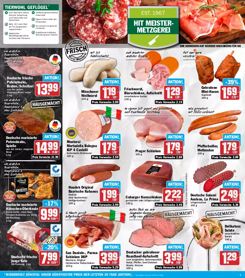 Aktueller Prospekt Hit - Wochenprospekt - von 25.08 bis 30.08.2025 - strona 5 - produkty: auer, aufschnitt, axe, Bau, Bauer, beef, bier, bierschinken, bio, braten, Brühwurst, buch, burger, dell, eis, elle, ente, fleisch, Geflügel, gin, Haxe, Holz, houdek, jungbullen, kabanos, Kalbfleisch, kernschinken, kotelett, kräuter, lack, Meister, Mett, metten, Mettenden, monitor, montorsi, mortadella, natur, parmaschinken, pfeffer, Pfefferbeißer, pute, putensteaks, reis, rezept, Ria, ring, roastbeef, rohschinken, saft, salami, salat, salate, schinken, schnitzel, senf, spitzenqualität, steak, steaks, Ti, Tiere, Weißwurst, wurst, ZTE, zwiebel