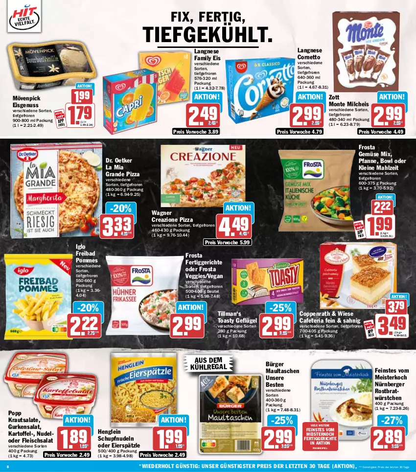 Aktueller Prospekt Hit - Wochenprospekt - von 25.08 bis 30.08.2025 - strona 8 - produkty: aus dem kühlregal, Bad, Berger, beutel, coppenrath, cornetto, Dr. Oetker, eier, eierspätzle, eis, fertiggericht, fertiggerichte, fleisch, fleischsalat, frosta, Geflügel, Gemüse Mix, gurke, gurken, gurkensalat, henglein, iglo, kartoffel, Kraut, krautsalat, kühlregal, langnese, leine, maultaschen, Meister, milch, monte, mövenpick, mövenpick eis, nudel, nudeln, nürnberger, nuss, pfanne, pizza, pommes, Popp, regal, reis, Ria, salat, salate, Tasche, taschen, Ti, toast, toasty, veggie, wagner, würstchen, zott, ZTE