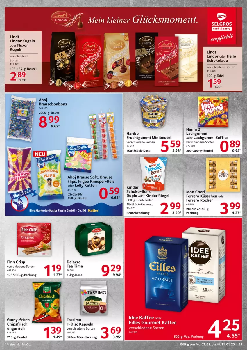 Aktueller Prospekt Selgros - Food - von 02.01 bis 11.01.2023 - strona 11 - produkty: beutel, bonbons, brause, chips, chipsfrisch, darbo, duplo, eis, ferrero, Ferrero Küsschen, Ferrero Rocher, frucht, fruchtgummi, funny-frisch, haribo, jacobs, Kette, Kinder, kinder riegel, Kugel, lachgummi, lindor, lindt, reis, riegel, schoko, schoko-bons, schokolade, sim, tassimo, Ti