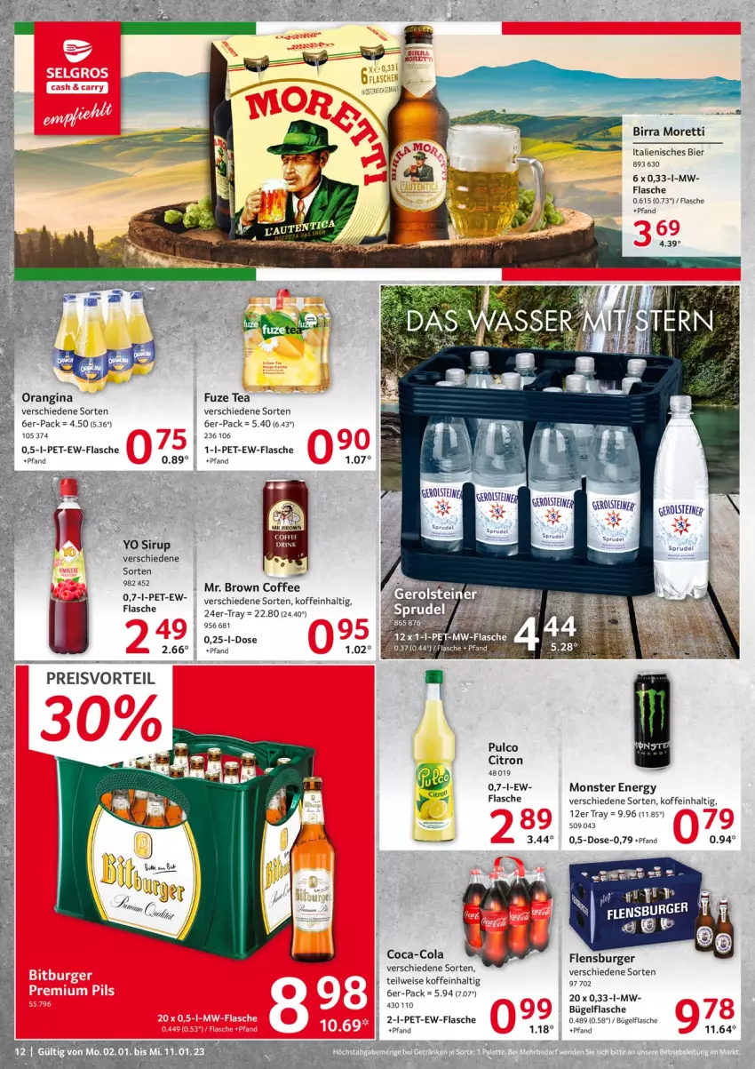 Aktueller Prospekt Selgros - Food - von 02.01 bis 11.01.2023 - strona 12 - produkty: bier, bügel, bügelflasche, burger, coca-cola, cola, eis, flasche, flensburger, fuze tea, gin, monster, Monster Energy, Moretti, orangina, sirup, Sprudel, Ti, Yo