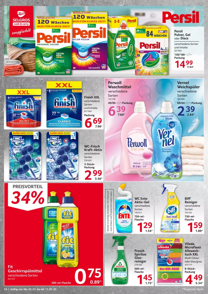 Aktueller Prospekt Selgros - Food - von 02.01 bis 11.01.2023 - strona 14 - produkty: Bad, biff, eis, ente, flasche, Frosch, geschirr, geschirrspülmittel, kraft, LG, persil, perwoll, preisvorteil, Rauch, reiniger, reis, rwe, spiritus, spülmittel, Ti, tuc, universal pulver, vernel, vileda, waschmittel, wc ente, weck, weichspüler, wolle