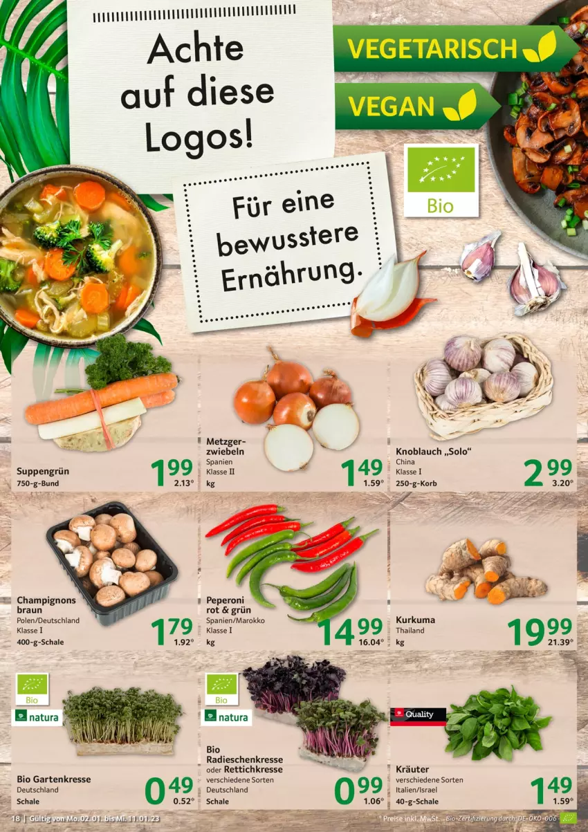 Aktueller Prospekt Selgros - Food - von 02.01 bis 11.01.2023 - strona 18 - produkty: bio, braun, champignon, champignons, Garten, Gartenkresse, knoblauch, korb, kräuter, natur, natura, peperoni, Peroni, radieschen, Rettich, Schal, Schale, suppe, suppen, Ti, zwiebel, zwiebeln