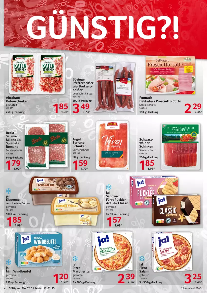 Aktueller Prospekt Selgros - Food - von 02.01 bis 11.01.2023 - strona 4 - produkty: beutel, brot, creme, eis, eiscreme, katenschinken, margherita, pfeffer, Pfefferbeißer, pizza, ponnath, prosciutto, prosciutto cotto, reis, salami, sandwich, schinken, serrano, Ti, Windbeutel, würfel