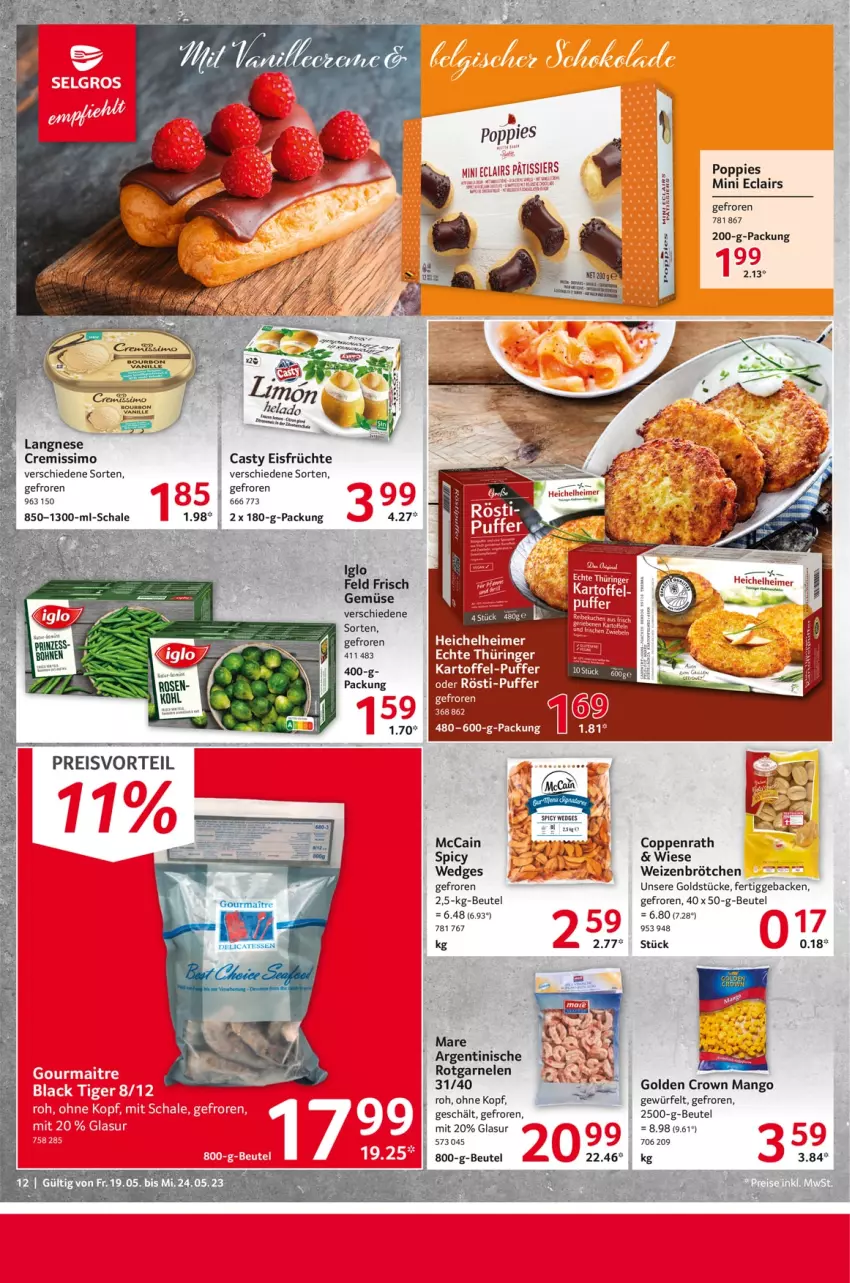 Aktueller Prospekt Selgros - Food - von 19.05 bis 24.05.2023 - strona 12 - produkty: beutel, brötchen, coppenrath, cremissimo, eimer, eis, früchte, garnelen, geback, Goldstücke, mam, mango, mccain, Popp, Ria, Schal, Schale, sim, ssd, Ti, wedges, weizenbrötchen, würfel