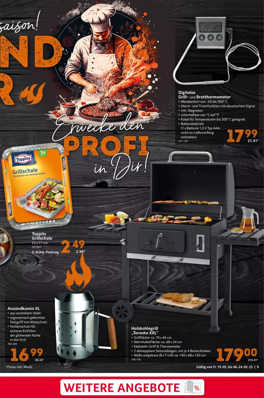 Aktueller Prospekt Selgros - Food - von 19.05 bis 24.05.2023 - strona 9 - produkty: angebot, angebote, anzündkamin, batterie, Bau, besteck, eis, grill, grillfläche, Holz, holzkohle, holzkohlegrill, Kamin, Kohlegrill, ndk, reis, rum, Schal, Schale, Signal, thermometer, Ti, timer, tisch