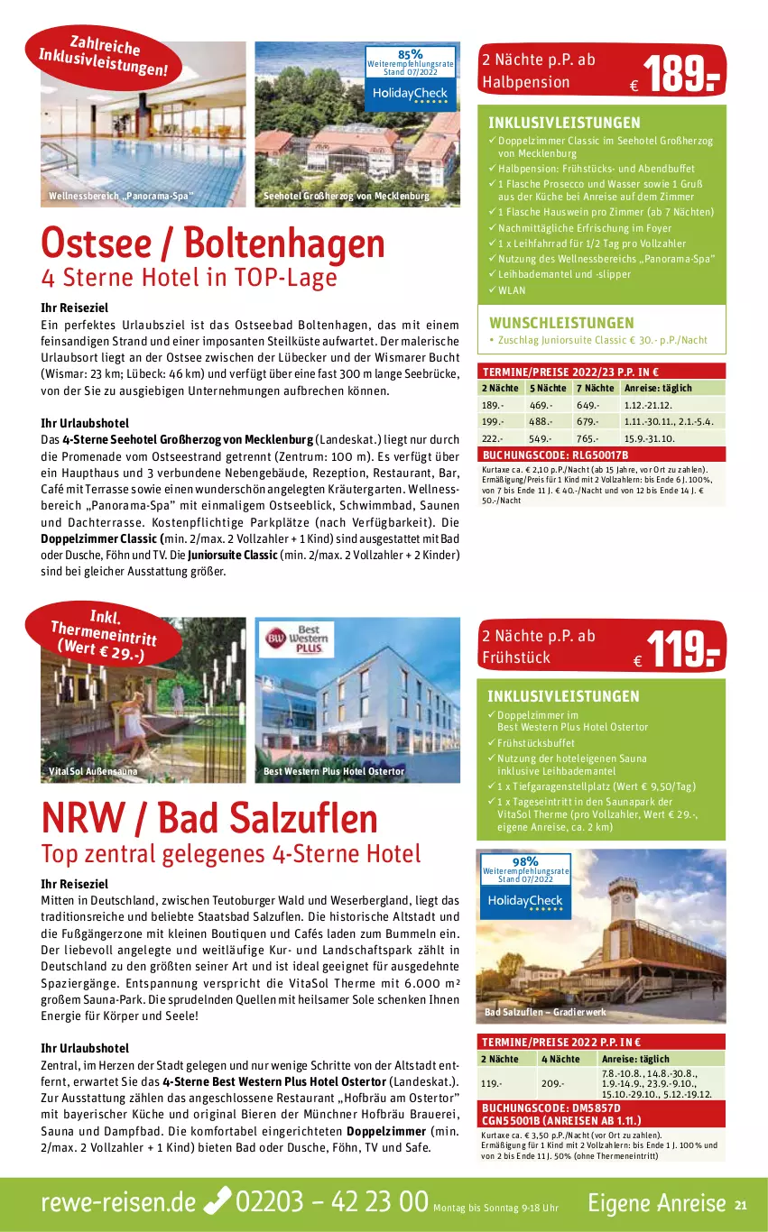 Aktueller Prospekt Rewe Reisen - Reiseprospekt - von 29.07 bis 26.08.2022 - strona 21 - produkty: auer, axe, Bad, Bademantel, bier, Biere, buch, burger, dusche, ecco, eier, eis, elle, Fahrrad, flasche, Garten, gin, inklusivleistungen, Kinder, kräuter, küche, kurtaxe, leine, LG, Lübecker, Mantel, prosecco, rama, reis, rezept, rum, rwe, salz, SANTE, slip, Slipper, Sprudel, Ti, uhr, vita, wasser, wein, wellnessbereich, Weste