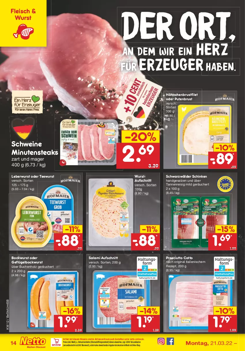 Aktueller Prospekt Netto Marken-Discount - Filial-Angebote - von 21.03 bis 26.03.2022 - strona 14 - produkty: aufschnitt, bockwurst, brustfilet, buch, eis, filet, fleisch, Geflügel, gin, hähnchenbrust, hähnchenbrustfilet, Holz, leberwurst, minutensteaks, ndk, prosciutto, prosciutto cotto, pute, putenbrust, reis, rezept, salami, salz, schinken, schwarzwälder schinken, schwein, schweine, steak, steaks, tee, teewurst, Ti, versandkostenfrei, wein, weine, wurst, ZTE