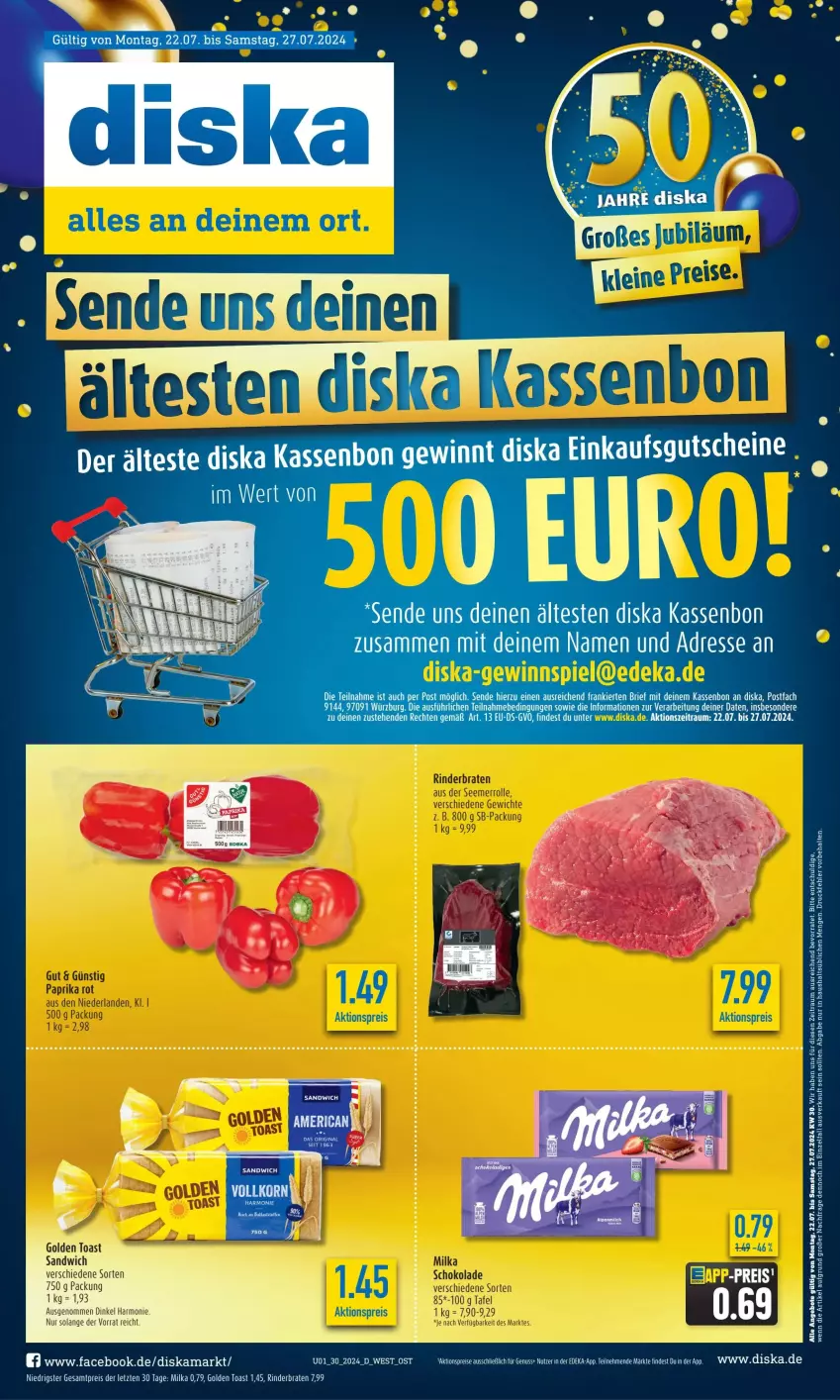 Aktueller Prospekt Diska - von 22.07 bis 27.07.2024 - strona 1 - produkty: aktionspreis, angebot, angebote, braten, deka, eis, ente, golden toast, milka, reis, rind, rinder, rinderbraten, sandwich, tee, Ti, toast, ZTE