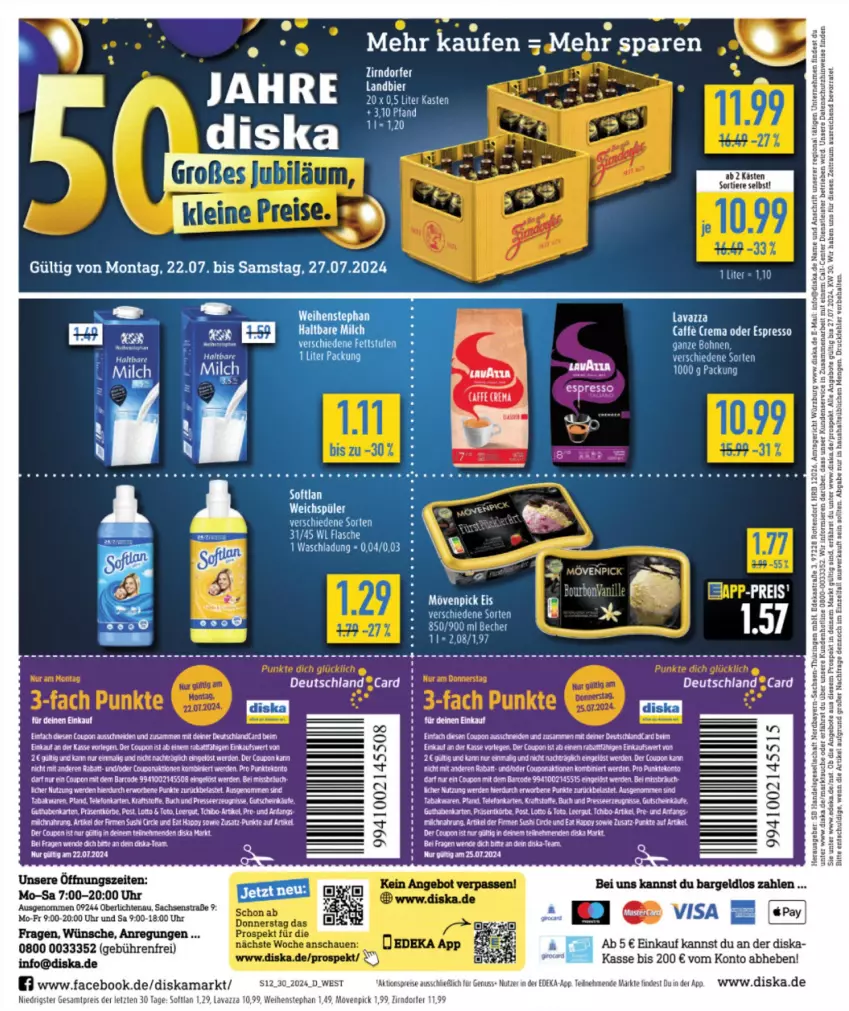 Aktueller Prospekt Diska - von 22.07 bis 27.07.2024 - strona 14 - produkty: angebot, angebote, ariel, bier, bohne, bohnen, caffe, coupon, deka, eis, ente, erde, espresso, flasche, lavazza, mövenpick, mövenpick eis, nuss, oder espresso, reis, rel, sac, Softlan, tee, Ti, Tiere, uhr, weichspüler, weihenstephan, ZTE