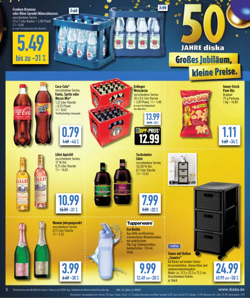 Aktueller Prospekt Diska - von 22.07 bis 27.07.2024 - strona 5 - produkty: aperitif, brunnen, coca-cola, cola, eis, erdinger, fanta, flasche, franken brunnen, lillet, limo, limonade, mumm, reis, sprite, Sprudel, Ti, ZTE