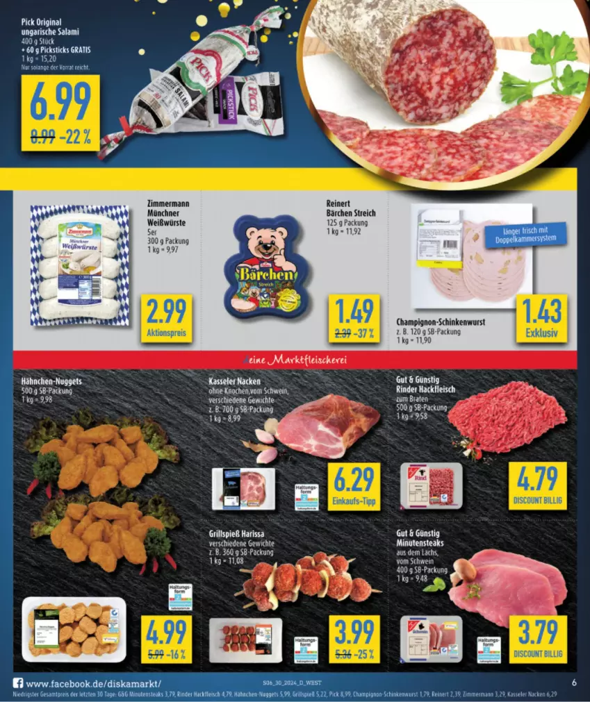 Aktueller Prospekt Diska - von 22.07 bis 27.07.2024 - strona 8 - produkty: aktionspreis, champignon, discount, eis, fleisch, grill, hackfleisch, kasseler, minutensteaks, nuggets, reinert, reis, rind, rinder, salami, schinken, schinkenwurst, steak, steaks, tee, Ti, Ungarische Salami, wurst