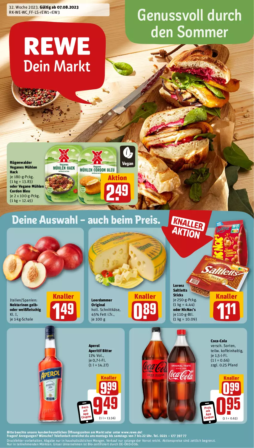 Aktueller Prospekt Rewe - Prospekte - von 07.08 bis 12.08.2023 - strona 1 - produkty: aktionspreis, aperitif, aperol, bio, coca-cola, cola, cordon bleu, coupon, eis, fleisch, gin, Käse, leerdammer, lorenz, Nektar, nektarinen, nuss, reis, rügenwalder, saltletts, Schal, Schale, schnittkäse, telefon, Ti, uhr