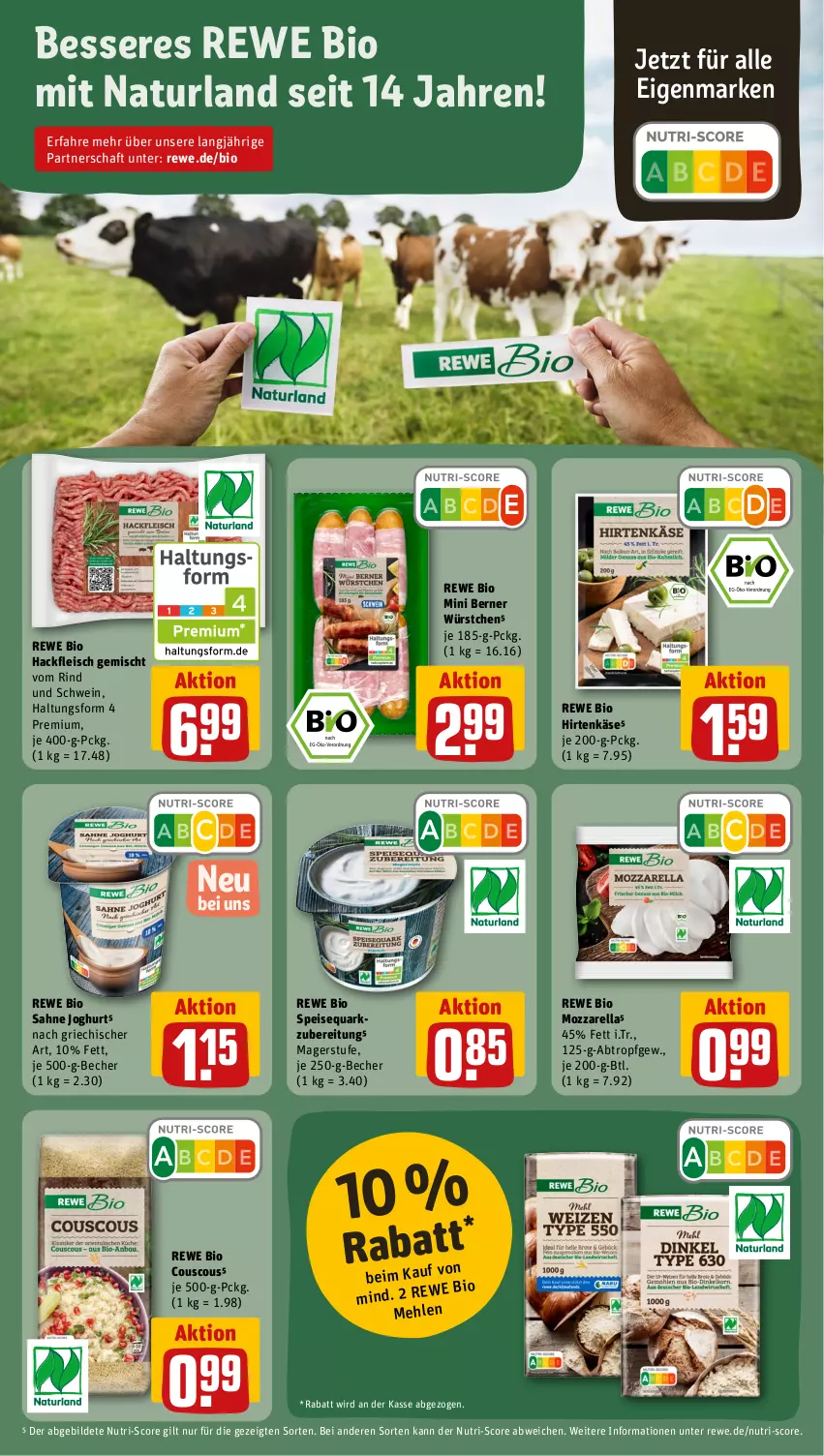 Aktueller Prospekt Rewe - Prospekte - von 07.08 bis 12.08.2023 - strona 18 - produkty: Becher, bio, couscous, eis, fleisch, hackfleisch, hackfleisch gemischt, hirtenkäse, joghur, joghurt, Käse, mehl, mozzarella, natur, naturland, quark, rel, rewe bio, rind, sahne, sahne joghurt, schwein, speisequark, Ti, wein, würstchen