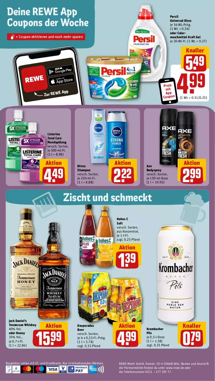 Aktueller Prospekt Rewe - Prospekte - von 07.08 bis 12.08.2023 - strona 22 - produkty: axe, body, bodyspray, colorwaschmittel, coupon, coupons, desperados, eis, Hohes C, jack daniel, jack daniel's, kraft, krombache, krombacher, krombacher pils, listerine, mundspülung, nivea, persil, pils, reis, saft, shampoo, spülung, telefon, tennessee whiskey, Ti, total care, waschmittel, whiskey