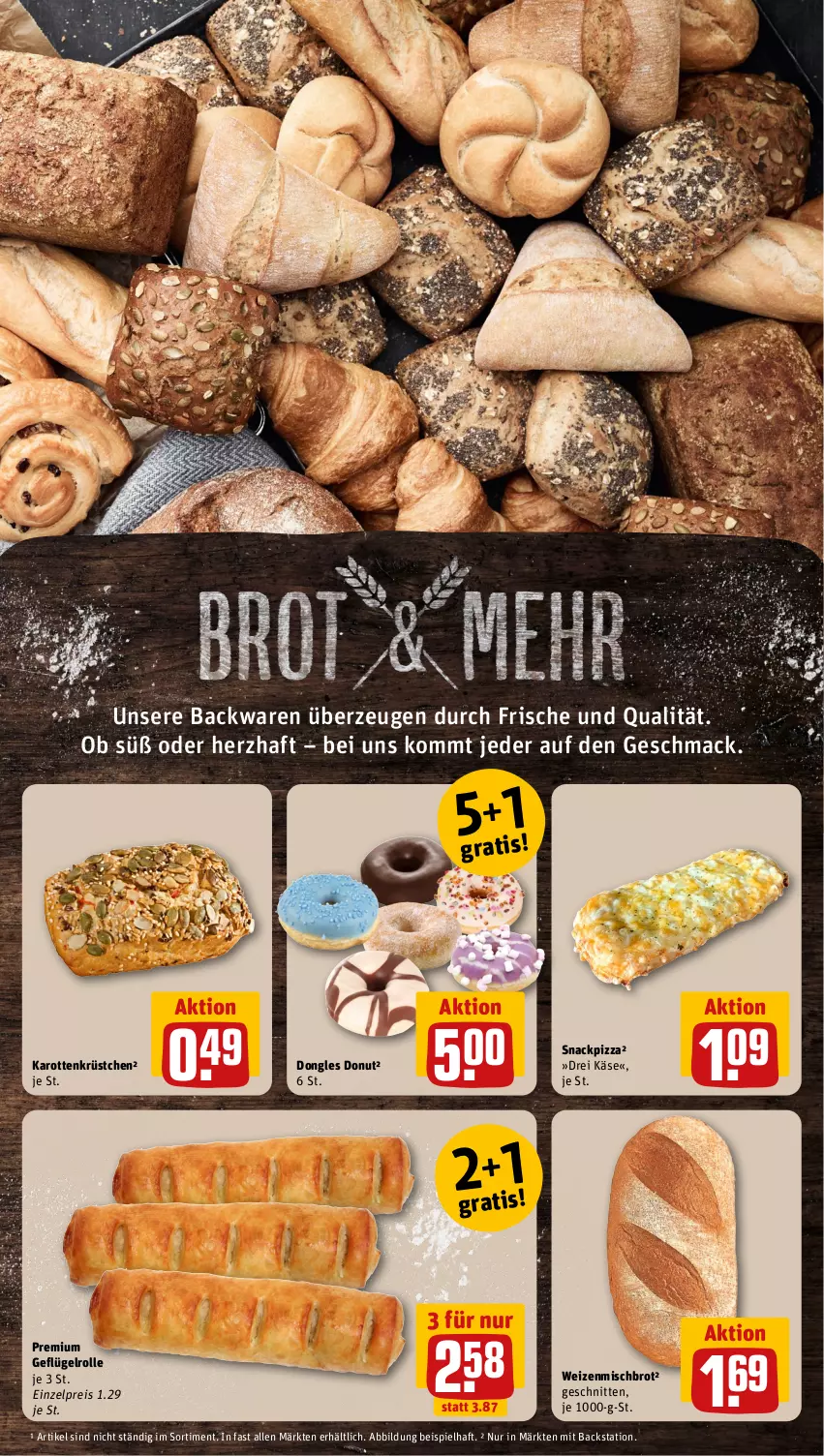 Aktueller Prospekt Rewe - Prospekte - von 07.08 bis 12.08.2023 - strona 23 - produkty: backwaren, brot, Donut, eis, Geflügel, karotten, Käse, mac, pizza, reis, schnitten, snack, Ti, weizenmischbrot