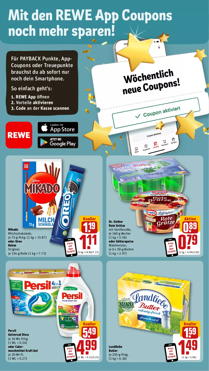 Aktueller Prospekt Rewe - Prospekte - von 07.08 bis 12.08.2023 - strona 3 - produkty: Becher, butter, colorwaschmittel, coupon, coupons, Dr. Oetker, eis, gin, götterspeise, grütze, keks, kekse, kraft, landliebe, Meister, mikado, milch, oreo, payback, persil, Rauch, reis, Rote Grütze, schoko, schokolade, smartphone, Soße, Ti, vanille, waldmeister, waschmittel