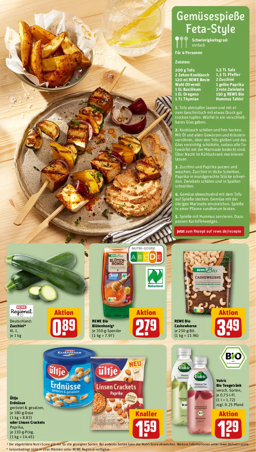 Aktueller Prospekt Rewe - Prospekte - von 07.08 bis 12.08.2023 - strona 5 - produkty: basilikum, bio, Blüte, blütenhonig, braten, Cashew, cashewkerne, erdnüsse, feta, geschirr, geschirrtuch, getränk, gewürz, honig, hummus, kartoffel, knoblauch, kräuter, kräutern, kühlschrank, linsen, marinade, olive, oliven, olivenöl, paprika, pfanne, pfeffer, rewe beste wahl, rewe bio, rezept, rezepte, Rote Zwiebel, rum, salz, Schrank, Soda, tee, Ti, Tofu, tuc, ültje, ültje erdnüsse, volvic, wedges, würfel, zucchini, zwiebel, zwiebeln