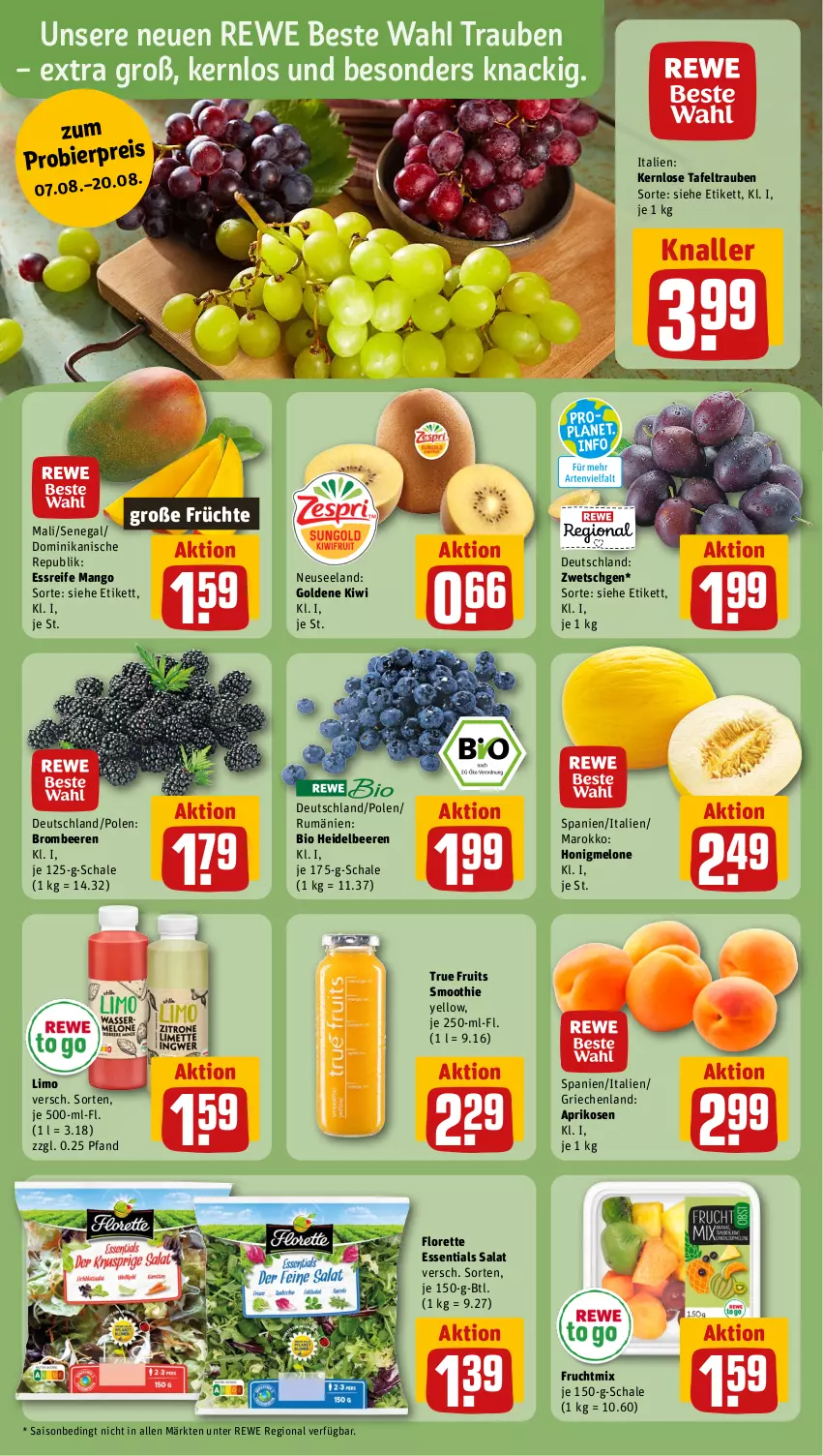 Aktueller Prospekt Rewe - Prospekte - von 07.08 bis 12.08.2023 - strona 6 - produkty: aprikose, aprikosen, beere, beeren, bier, bio, brombeere, brombeeren, eis, Elan, florette, frucht, früchte, heidelbeere, heidelbeeren, honig, honigmelone, kiwi, limo, mango, melone, reis, rewe beste wahl, rum, salat, Schal, Schale, smoothie, tafeltrauben, Ti, trauben, true fruits