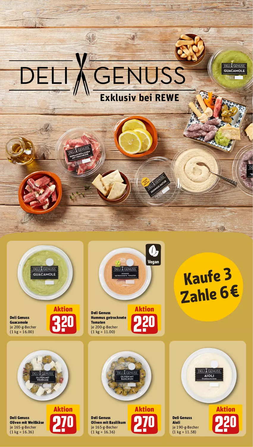 Aktueller Prospekt Rewe - Prospekte - von 07.08 bis 12.08.2023 - strona 8 - produkty: aioli, basilikum, Becher, Getrocknete Tomaten, guacamole, hummus, Käse, nuss, olive, oliven, Ti, tomate, tomaten