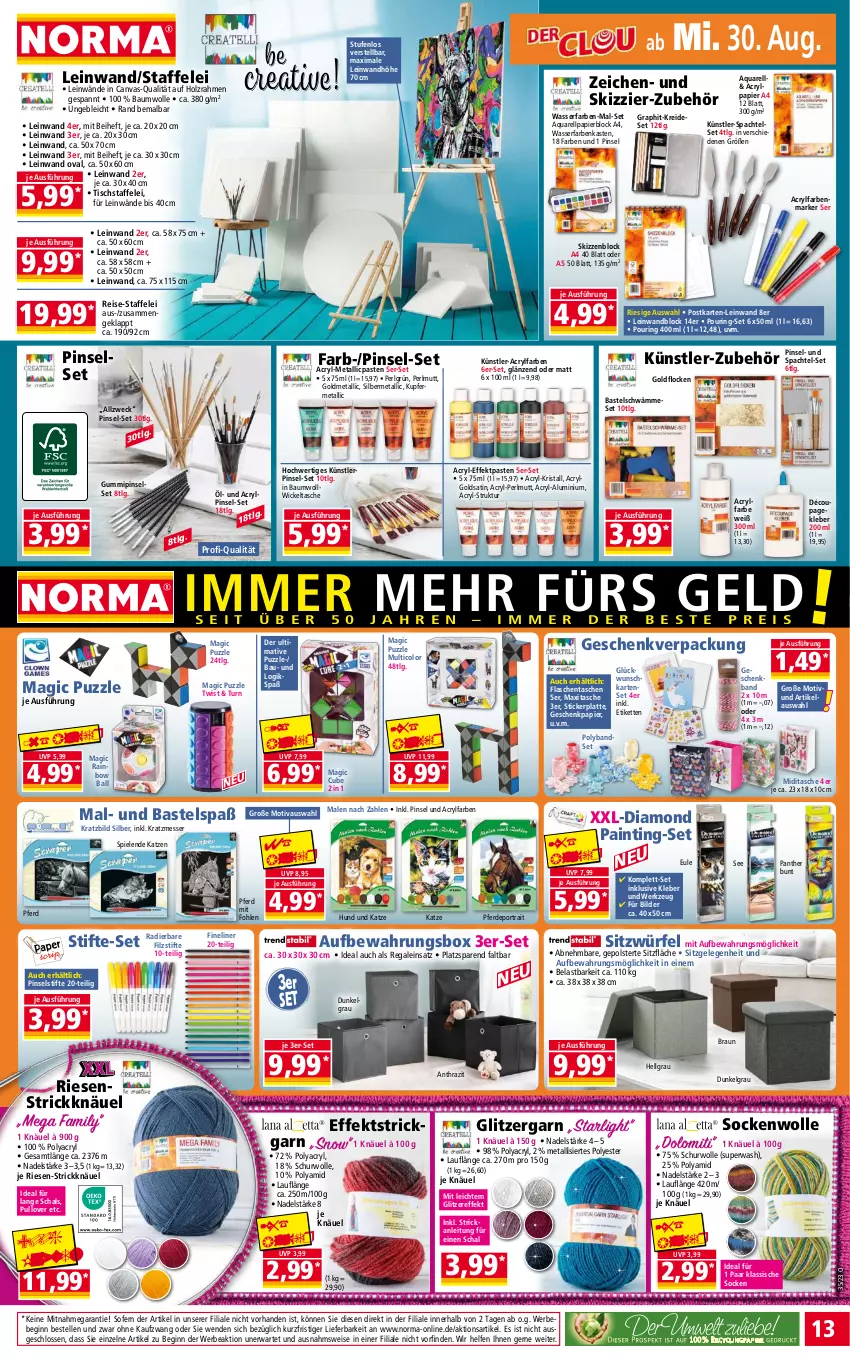 Aktueller Prospekt Norma - Norma - von 28.08 bis 04.09.2023 - strona 13 - produkty: aqua, aufbewahrungsbox, ball, Bau, baumwolle, Bebe, braun, eis, elle, erde, Fineliner, flasche, Geschenkpapier, gin, Holz, Kette, kleber, Kreide, latte, LG, messer, papier, Pinsel, Pinselset, Pullover, Puzzle, regal, reis, rel, ring, Schal, socken, spachtel, Spiele, starlight, stifte, Tasche, taschen, Ti, tisch, wasser, weck, werkzeug, WICK, Wickeltasche, wolle, würfel