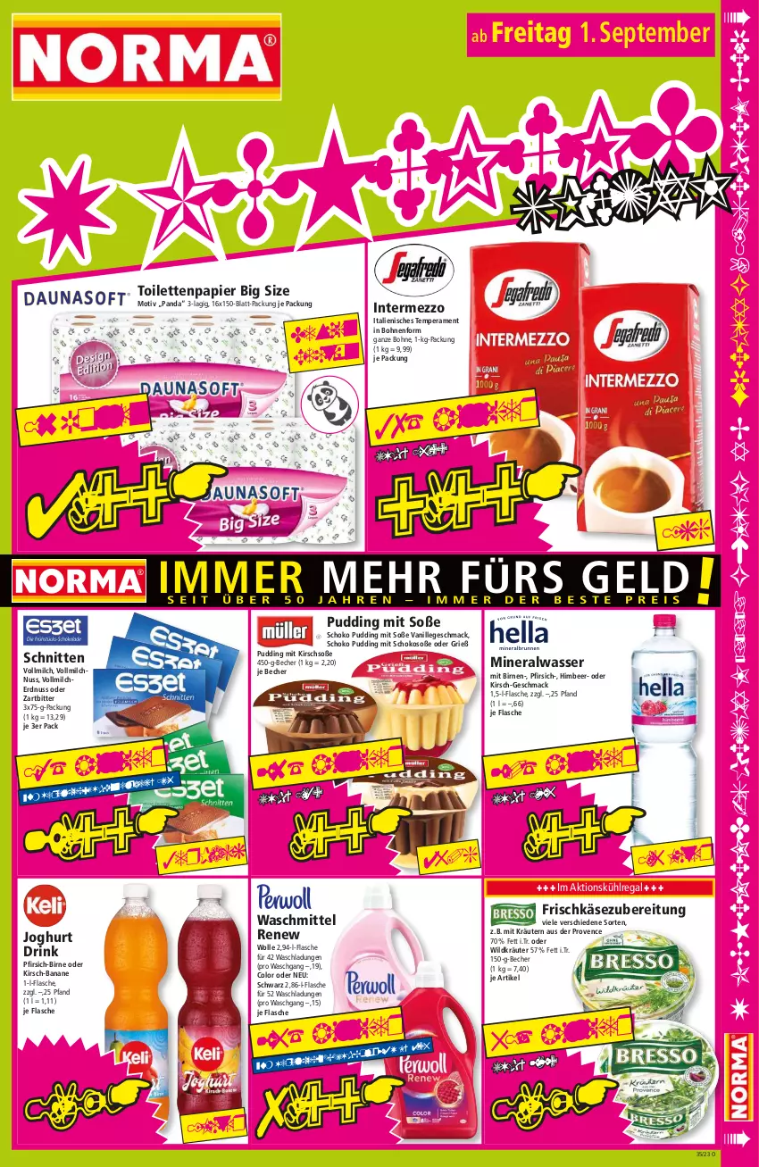 Aktueller Prospekt Norma - Norma - von 28.08 bis 04.09.2023 - strona 15 - produkty: Alwa, banane, Becher, Birnen, bohne, bohnen, drink, erdnuss, flasche, frischkäse, frischkäsezubereitung, himbeer, intermezzo, joghur, joghurt, Käse, kirsch, kräuter, kräutern, kühlregal, mac, milch, mineralwasser, nuss, papier, pfirsich, pudding, regal, schnitten, schoko, Soße, Ti, toilettenpapier, vanille, vollmilch, waschmittel, wasser, Wild, wolle