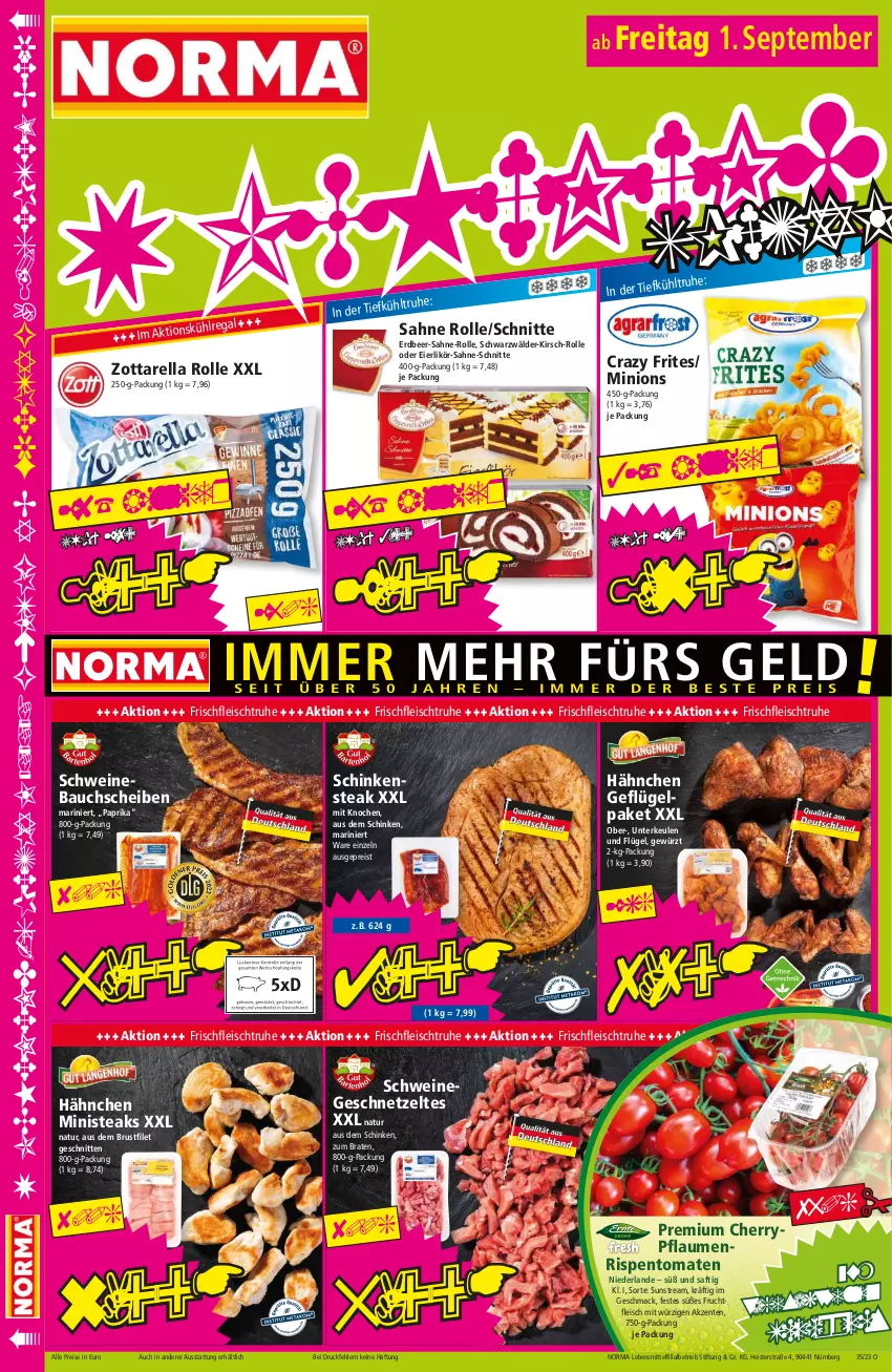 Aktueller Prospekt Norma - Norma - von 28.08 bis 04.09.2023 - strona 16 - produkty: Bau, bauchscheiben, braten, brustfilet, Crazy Frites, eier, eierlikör, eis, ente, filet, fleisch, frucht, fruchtfleisch, Geflügel, geschnetzeltes, gewürz, kirsch, lebensmittel, likör, mac, natur, paprika, pflaume, pflaumen, reis, rel, rispentomaten, saft, sahne, schinken, Schinkensteak, schnitten, schwein, schweine, Schweinebauch, schweinebauchscheiben, steak, steaks, Ti, tiefpreis, tomate, tomaten, wein, weine, Zelt, zott, zottarella