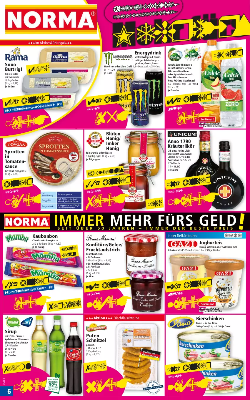 Aktueller Prospekt Norma - Norma - von 28.08 bis 04.09.2023 - strona 6 - produkty: apfel, aprikose, aufstrich, Becher, beere, bier, bierschinken, Blüte, bügel, Clin, cola, drink, eis, erdbeere, flasche, fleisch, frucht, fruchtaufstrich, früchte, gelee, getränk, himbeer, himbeere, honig, joghur, joghurt, karamell, konfitüre, kräuter, kräuterlikör, kühlregal, LG, likör, limette, limetten, mac, meersalz, melone, melonen, Mett, metten, nuss, pfirsich, pute, recyclingmaterial, regal, Ria, salz, sauce, schinken, schnitzel, schoko, sirup, Spezi, Sprotten, tee, Ti, tomate, tomaten, tomatensauce, walnuss, wasser, wassermelone, wassermelonen, wiener, zitrone, zitronen