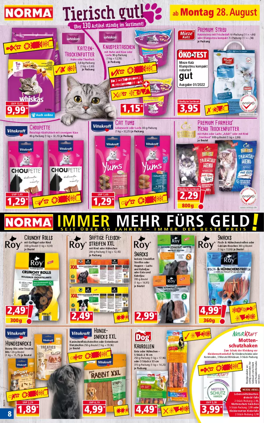 Aktueller Prospekt Norma - Norma - von 28.08 bis 04.09.2023 - strona 8 - produkty: auer, beutel, bio, biozidprodukte, brustfilet, Calcium, eis, ente, Entenbrust, filet, filets, fisch, fleisch, Geflügel, hundesnack, hundesnacks, Kaninchenfleisch, Käse, Katzenstreu, Katzentrockenfutter, kleid, kleider, Kleidung, klumpstreu, kommode, lachs, lebensmittel, leberwurst, Mode, natur, Rauch, reifen, rind, rwe, saft, snack, snacks, steak, Tasche, taschen, thunfisch, Ti, trockenfutter, wurst