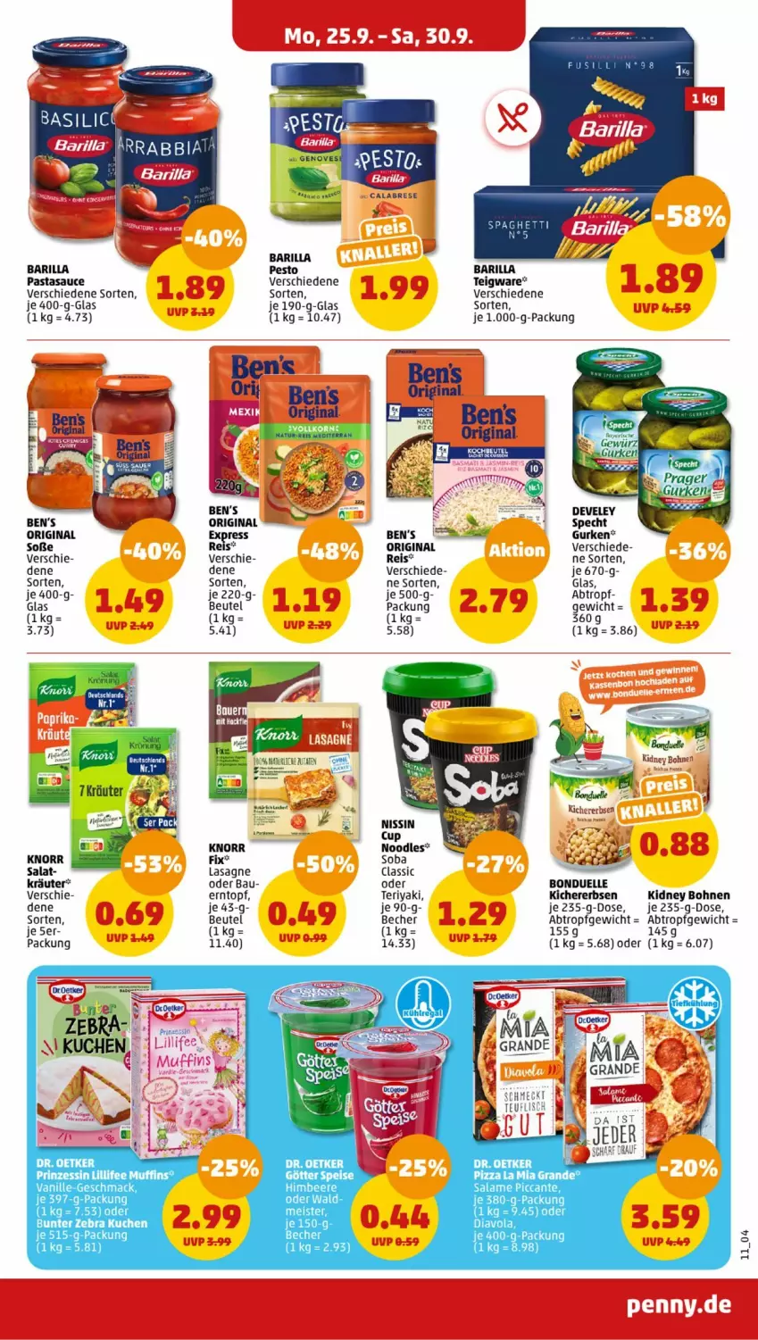 Aktueller Prospekt Penny - Prospekte - von 25.09 bis 30.09.2023 - strona 11 - produkty: barilla, Bau, Becher, beere, Ben’s Original, beutel, bohne, bohnen, bonduelle, Dr. Oetker, eis, elle, erbsen, gin, himbeer, himbeere, kichererbsen, kidney, kidney bohnen, knorr, kräuter, kuchen, lasagne, mac, Muffin, muffins, Nissin, pasta, pesto, pizza, reis, salat, sauce, Soße, topf, vanille