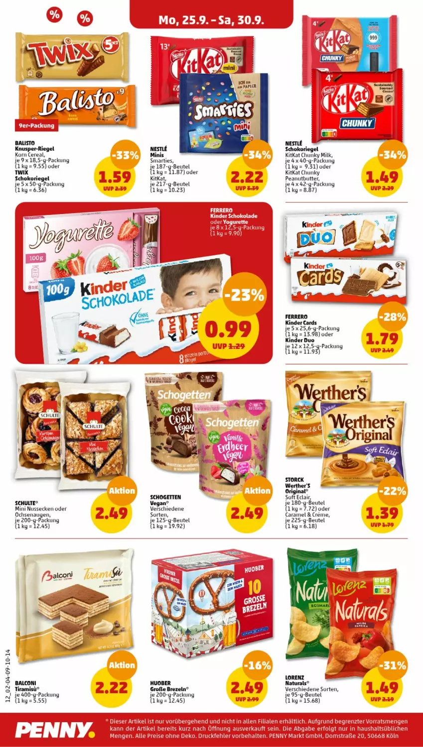 Aktueller Prospekt Penny - Prospekte - von 25.09 bis 30.09.2023 - strona 12 - produkty: Alcon, balisto, beutel, brezel, Brezeln, butter, caramel, creme, ferrero, gin, huober, Kinder, kitkat, korn, lorenz, natur, natura, nuss, riegel, ritter, rum, schogetten, schoko, schokoriegel, smarties, Ti