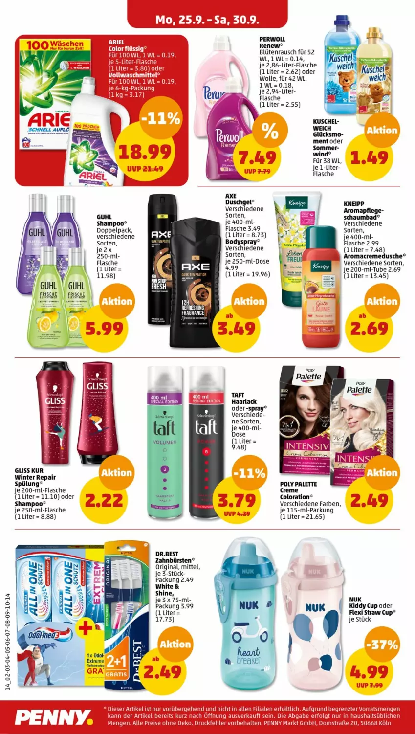 Aktueller Prospekt Penny - Prospekte - von 25.09 bis 30.09.2023 - strona 14 - produkty: arla, axe, axe duschgel, Bad, Blüte, body, bodyspray, bürste, bürsten, creme, cremedusche, dusche, duschgel, flasche, gin, gliss, gliss kur, Guhl, Haarlack, kneipp, lack, mac, nuk, perwoll, schaumbad, shampoo, spülung, Taft, wolle, zahnbürste, zahnbürsten