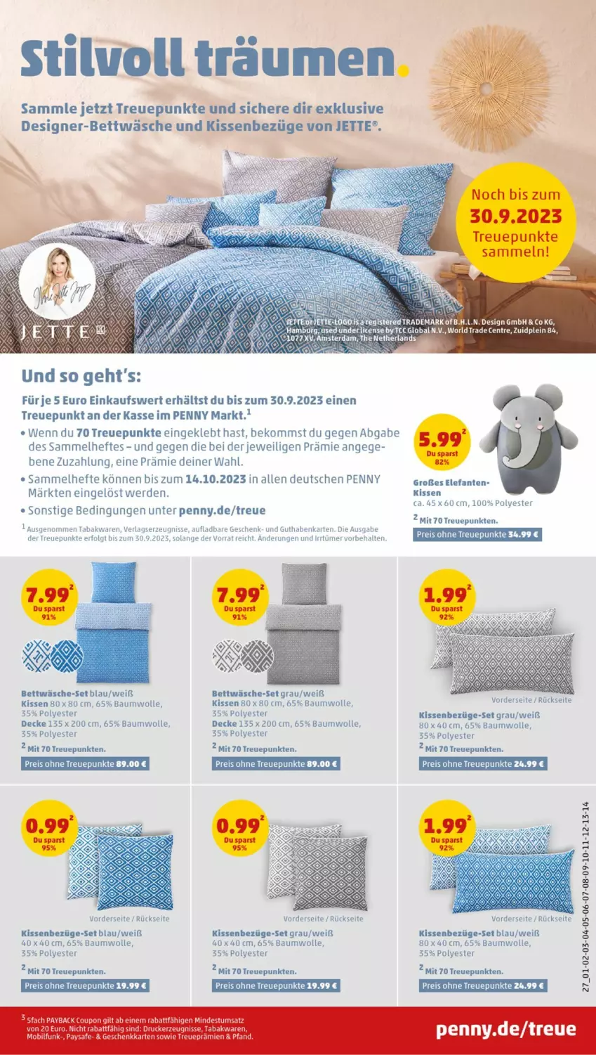 Aktueller Prospekt Penny - Prospekte - von 25.09 bis 30.09.2023 - strona 27 - produkty: ball, Bau, baumwolle, beko, bett, bettwäsche, coupon, decke, eis, Elefant, erde, guthabenkarte, Hefte, kissen, LG, payback, reis, Ti, wolle