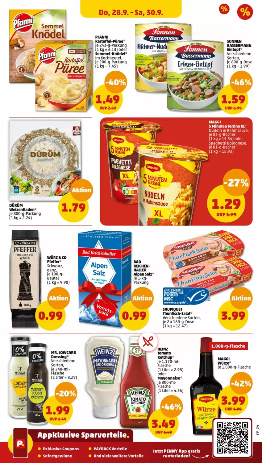 Aktueller Prospekt Penny - Prospekte - von 25.09 bis 30.09.2023 - strona 29 - produkty: Bad, beutel, dressing, eintopf, elle, fisch, flasche, hühner, ketchup, Knödel, mayonnaise, pfanni, pfeffer, salat, salz, saupiquet, Semmel, thunfisch, Ti, topf, Yo