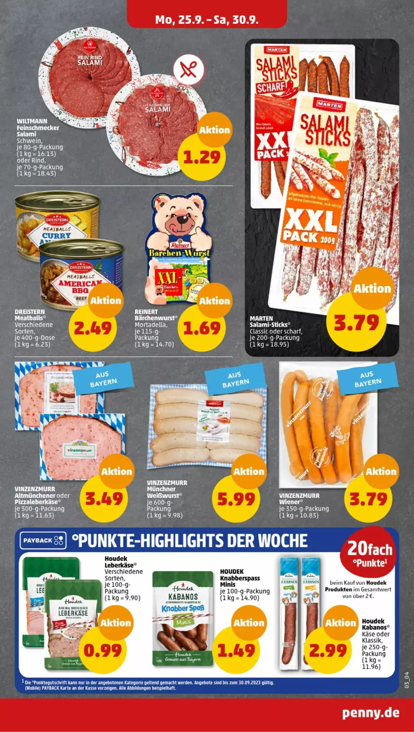 Aktueller Prospekt Penny - Prospekte - von 25.09 bis 30.09.2023 - strona 3 - produkty: ball, dell, feinschmecker, houdek, kabanos, Käse, leberkäs, leberkäse, LG, mortadella, rind, salami, schwein, Ti, wein, wurst