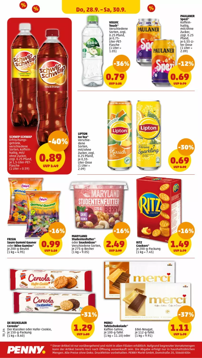 Aktueller Prospekt Penny - Prospekte - von 25.09 bis 30.09.2023 - strona 30 - produkty: Becher, beutel, cookie, cracker, de beukelaer, ente, flasche, hafer, ice tea, kaffee, lipton, lipton ice tea, merci, Paula, paulaner, sahne, schoko, schokolade, snack, Spezi, studentenfutter, tafelschokolade, Ti, volvic, zitrone, zucker