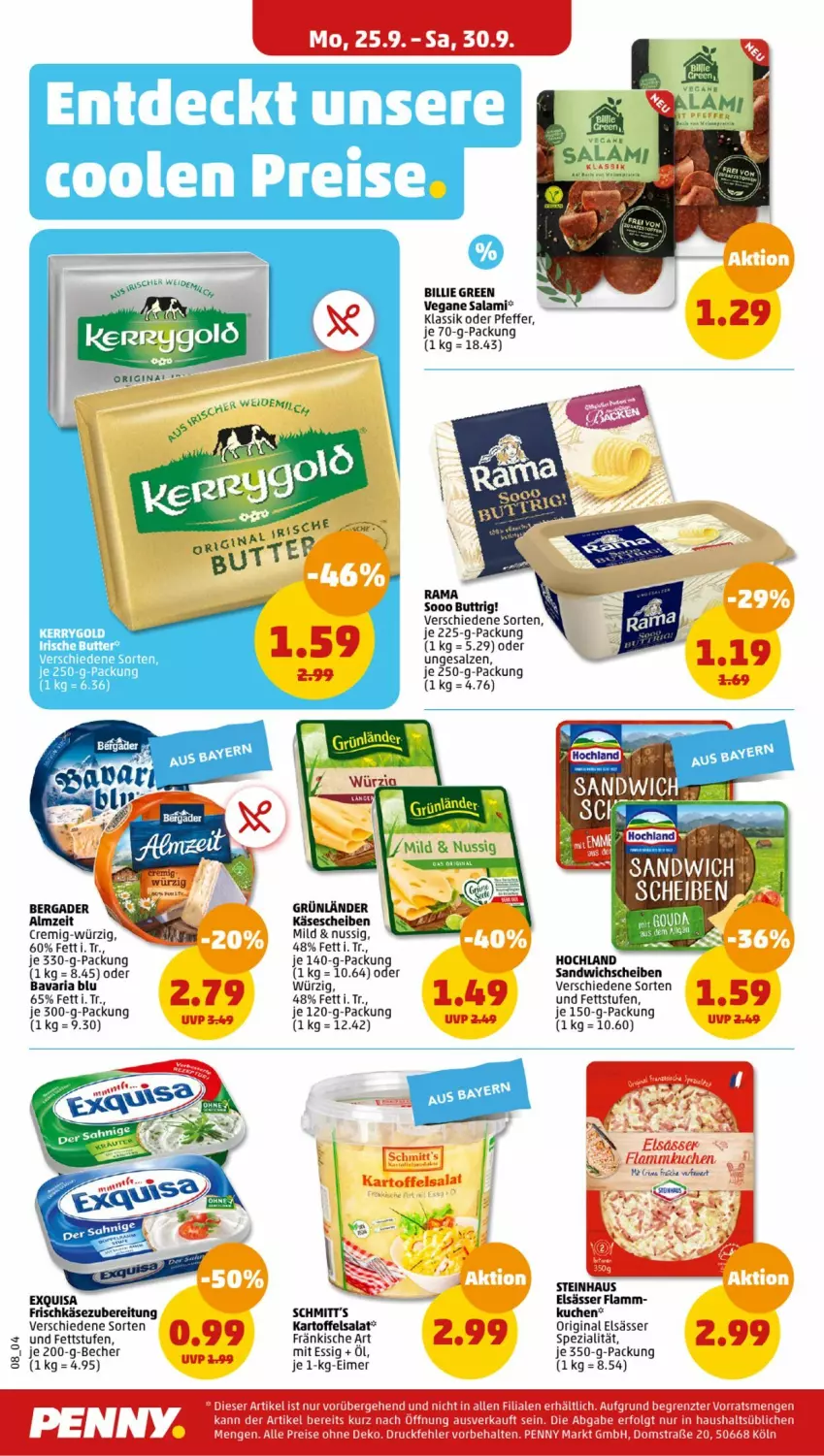 Aktueller Prospekt Penny - Prospekte - von 25.09 bis 30.09.2023 - strona 8 - produkty: bavaria blu, Becher, bergader, eimer, eis, essig, flammkuchen, frischkäse, frischkäsezubereitung, gin, grünländer, hochland, kartoffel, kartoffelsalat, Käse, käsescheiben, kuchen, lamm, LG, nuss, pfeffer, rama, reis, Ria, salami, salat, salz, sandwich, Spezi, steinhaus, Ti, ZTE