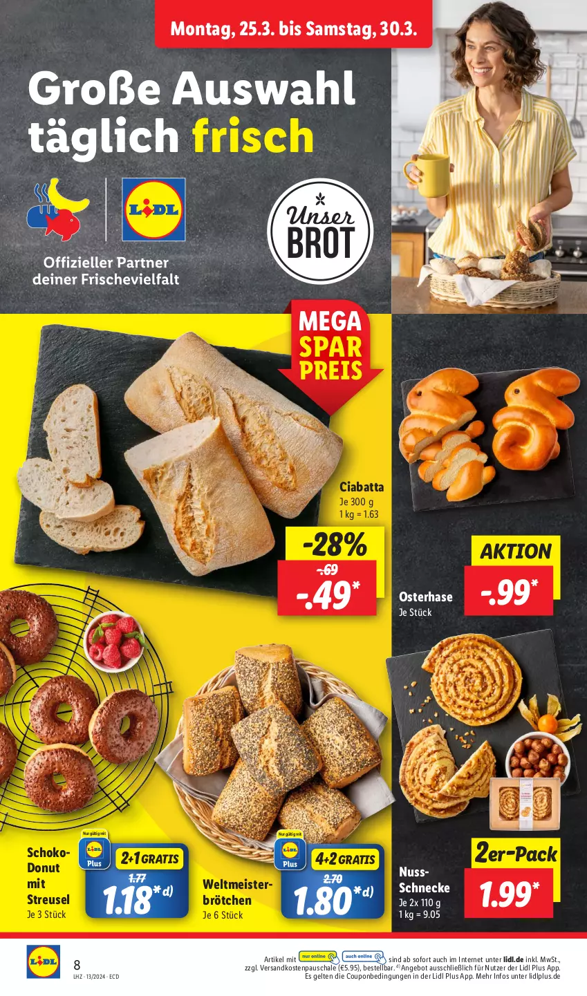 Aktueller Prospekt Lidl - Aktionsprospekt - von 25.03 bis 30.03.2024 - strona 10 - produkty: angebot, brot, brötchen, ciabatta, coupon, Donut, eis, Meister, ndk, nuss, Nussschnecke, reis, Schal, Schale, schoko, Ti