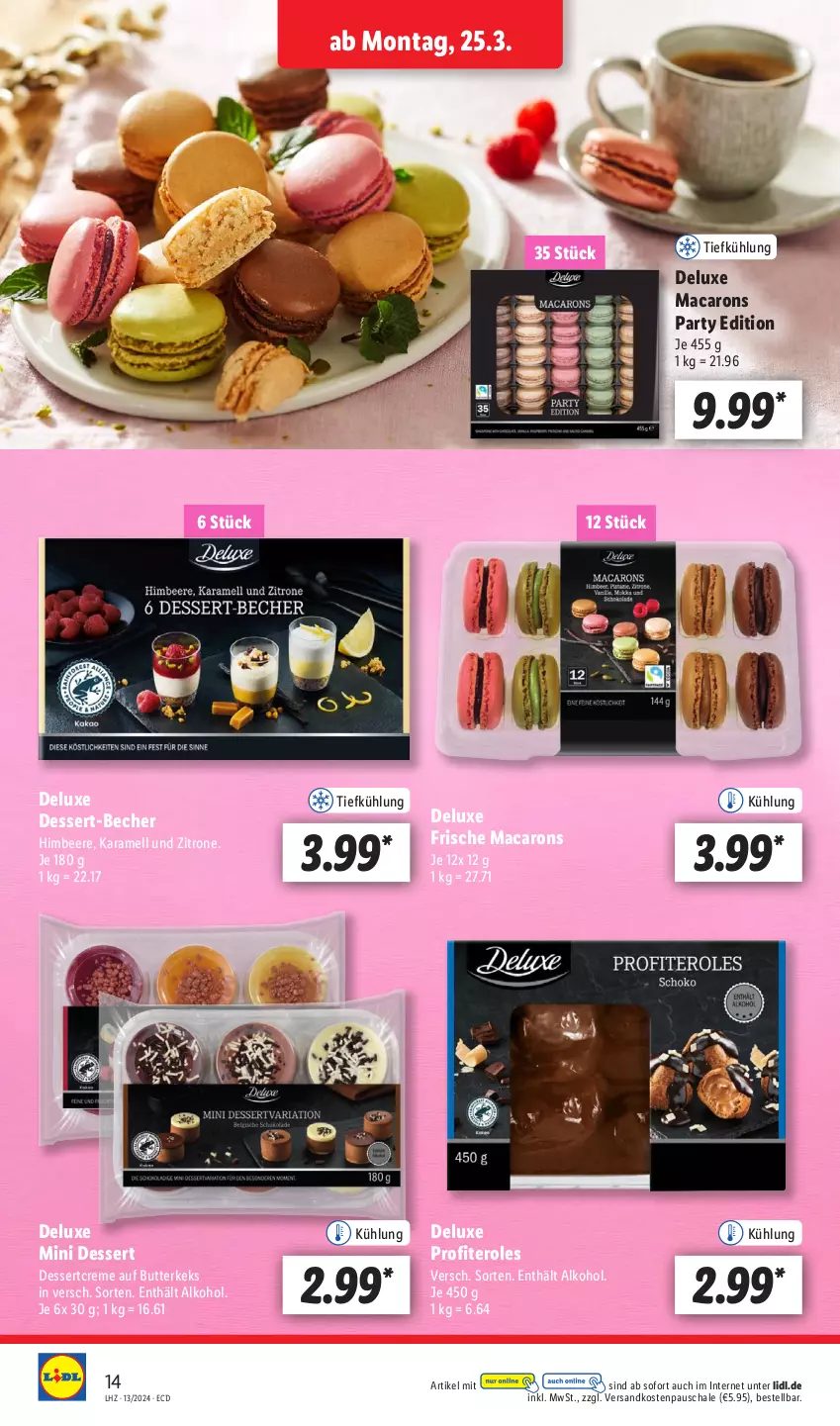 Aktueller Prospekt Lidl - Aktionsprospekt - von 25.03 bis 30.03.2024 - strona 16 - produkty: alkohol, Becher, beere, butter, butterkeks, creme, dessert, himbeer, himbeere, karamell, keks, mac, Macarons, ndk, Profiteroles, Schal, Schale, Ti, zitrone