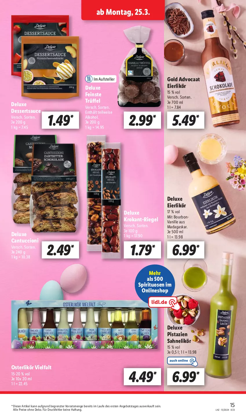 Aktueller Prospekt Lidl - Aktionsprospekt - von 25.03 bis 30.03.2024 - strona 17 - produkty: alkohol, angebot, bourbon, bourbonvanille, dessert, desserts, dessertsauce, eier, eierlikör, eis, elle, likör, pistazien, reis, riegel, sahne, sauce, spirituosen, teller, Ti, Trüffel, tuc, vanille, ZTE