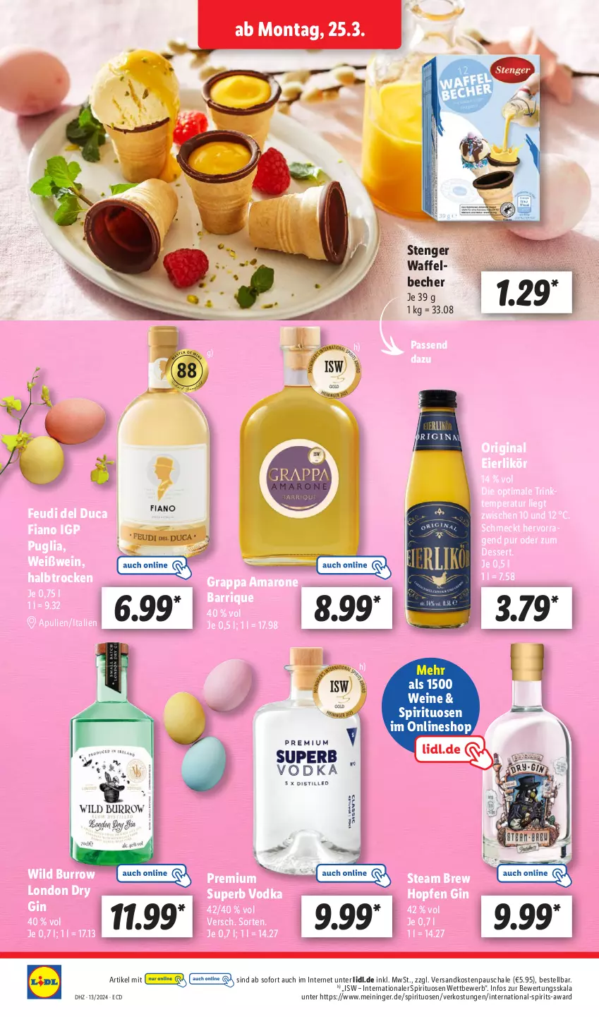 Aktueller Prospekt Lidl - Aktionsprospekt - von 25.03 bis 30.03.2024 - strona 18 - produkty: amaro, Becher, dessert, dry gin, eier, eierlikör, gin, grappa, likör, london dry, london dry gin, ndk, Schal, Schale, spirituosen, Ti, vodka, wein, weine, Weißwein, Wild