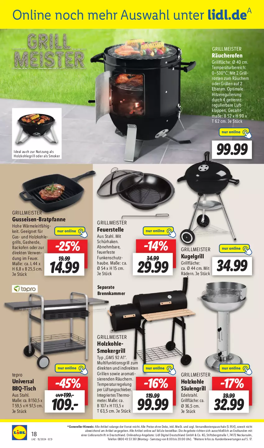 Aktueller Prospekt Lidl - Aktionsprospekt - von 25.03 bis 30.03.2024 - strona 22 - produkty: angebot, angebote, backofen, bratpfanne, edelstahl, eis, elle, erde, grill, grillfläche, hero, Holz, holzkohle, holzkohlegrill, Kohlegrill, Kugel, kugelgrill, LG, Meister, ndk, Ofen, pfanne, reis, rel, rwe, Säulengrill, Schal, Schale, telefon, tepro, Ti, tisch, uhr