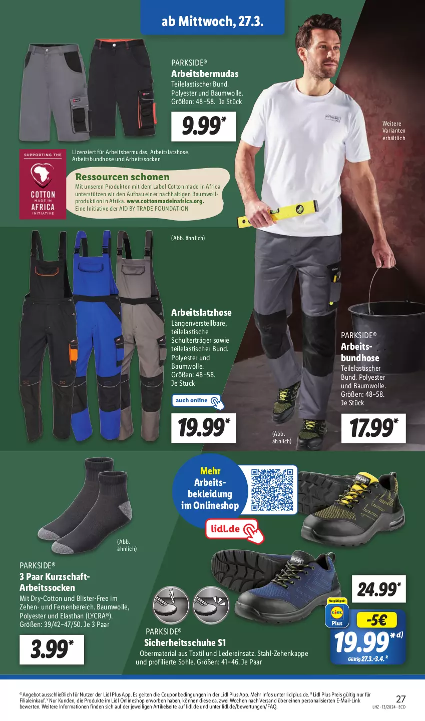 Aktueller Prospekt Lidl - Aktionsprospekt - von 25.03 bis 30.03.2024 - strona 33 - produkty: angebot, Arbeitssocken, asti, Bau, baumwolle, bermuda, bermudas, coupon, eis, hose, kleid, Kleidung, Latzhose, Parkside, Persona, reis, Ria, schuhe, socken, Ti, tisch, wolle