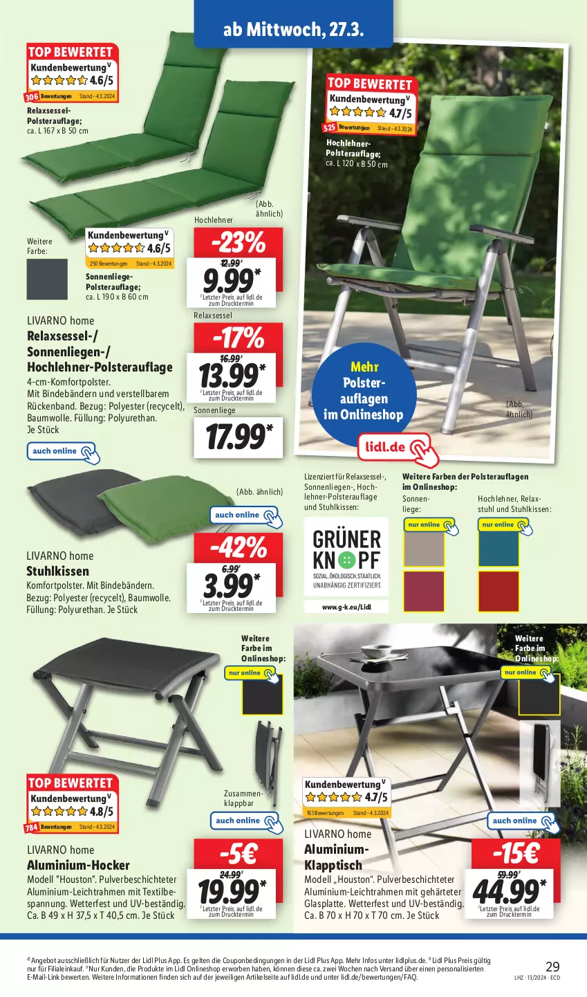 Aktueller Prospekt Lidl - Aktionsprospekt - von 25.03 bis 30.03.2024 - strona 37 - produkty: angebot, Bau, baumwolle, coupon, dell, eis, glasplatte, hocker, kissen, klapptisch, latte, Liege, Mode, Persona, reis, rel, relaxsessel, sessel, sonnenliege, stuhl, stuhlkissen, Ti, tisch, wolle, ZTE