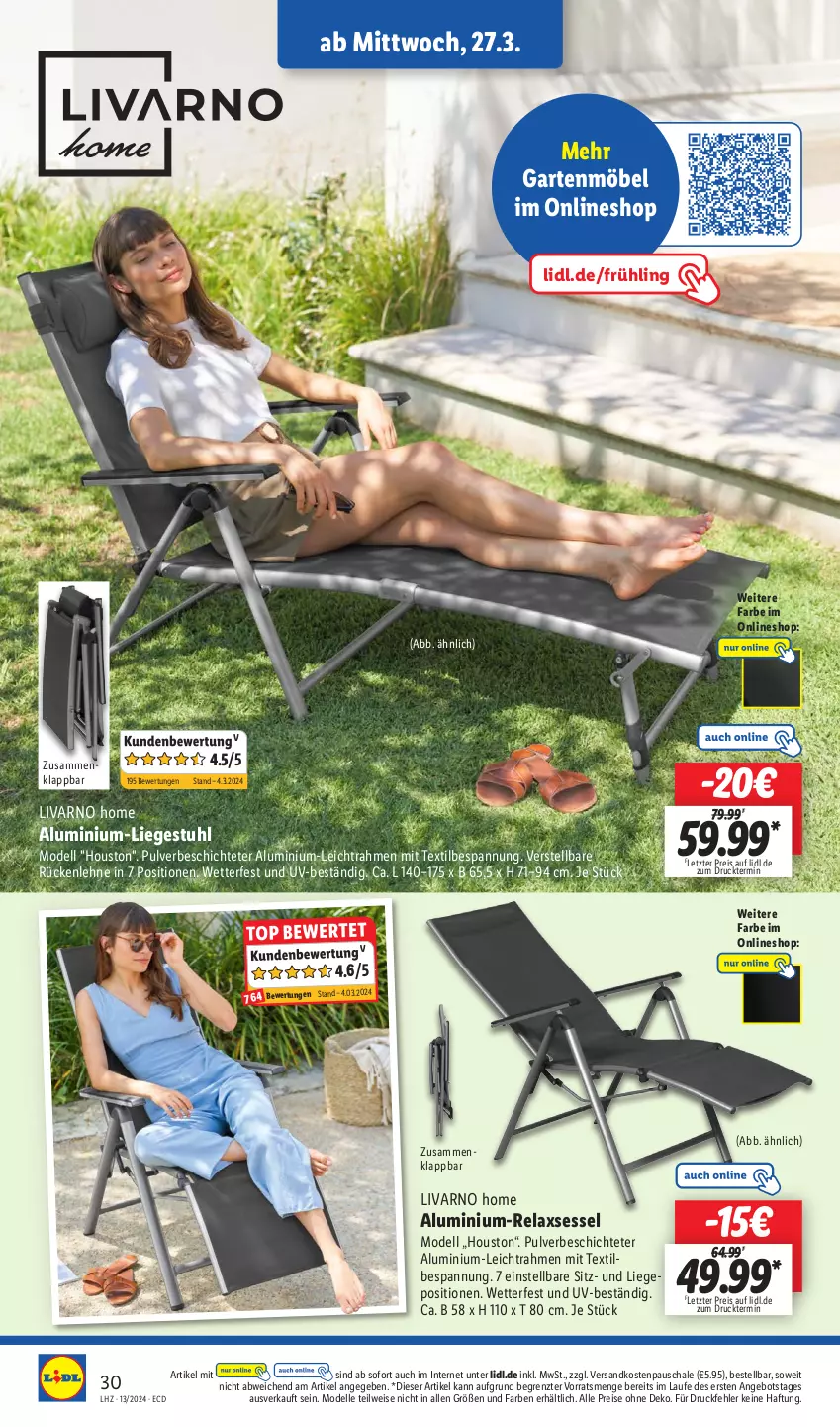 Aktueller Prospekt Lidl - Aktionsprospekt - von 25.03 bis 30.03.2024 - strona 38 - produkty: angebot, dell, eis, elle, Garten, gartenmöbel, Liege, möbel, Mode, ndk, reis, rel, relaxsessel, rückenlehne, Schal, Schale, sessel, stuhl, Ti, ZTE