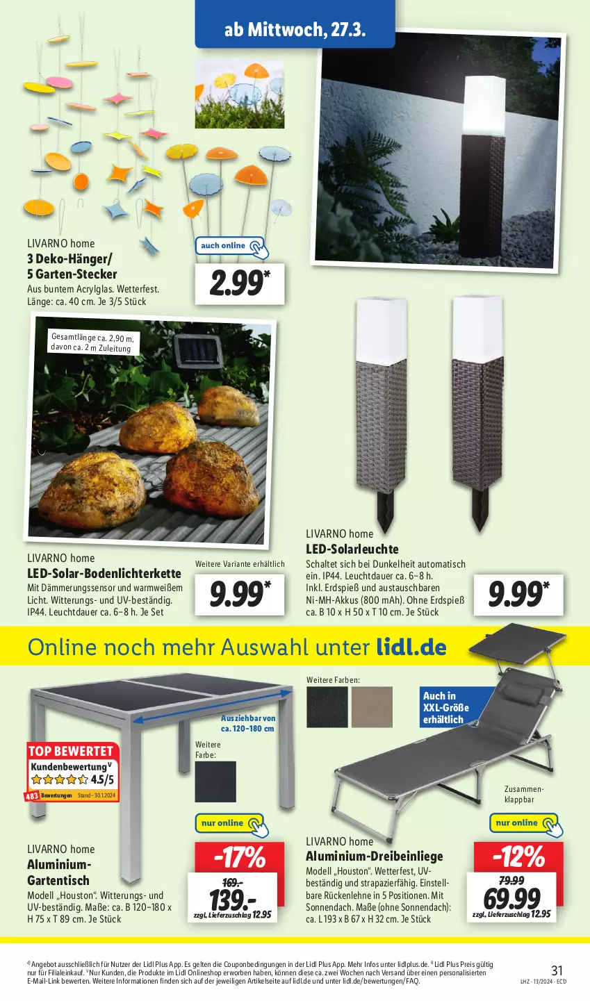 Aktueller Prospekt Lidl - Aktionsprospekt - von 25.03 bis 30.03.2024 - strona 39 - produkty: akku, angebot, auer, aust, auto, coupon, dell, eis, Garten, gartentisch, Kette, led-solarleuchte, Leuchte, LG, lichterkette, Liege, Mode, Persona, reis, Ria, rückenlehne, Schal, solarleuchte, Ti, tisch