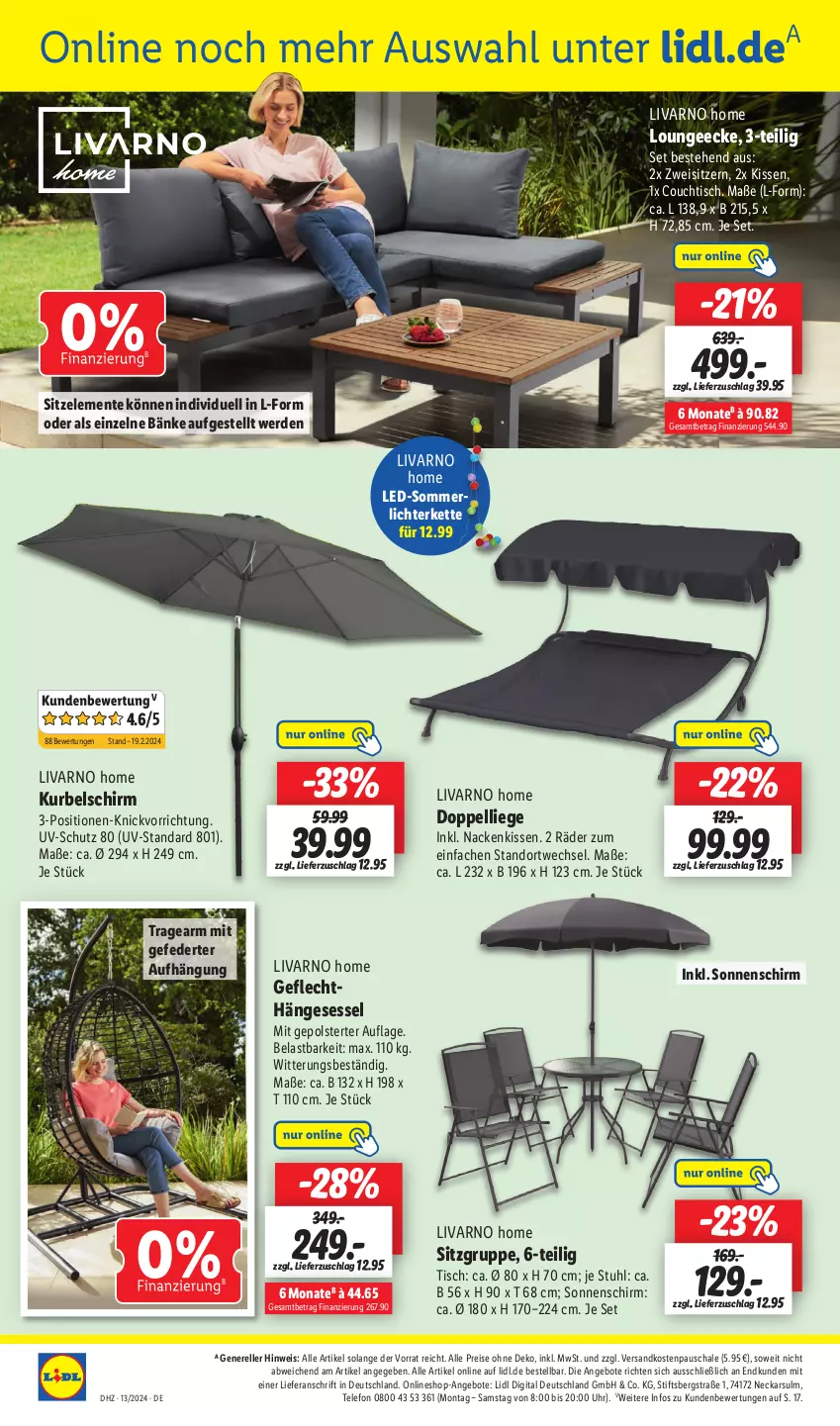 Aktueller Prospekt Lidl - Aktionsprospekt - von 25.03 bis 30.03.2024 - strona 42 - produkty: angebot, angebote, Couch, couchtisch, eis, elle, ente, erde, hängesessel, Kette, kissen, lichterkette, Liege, merl, nackenkissen, ndk, reis, rel, Schal, Schale, sessel, sonnenschirm, stuhl, telefon, Ti, tisch, uhr, uv-schutz