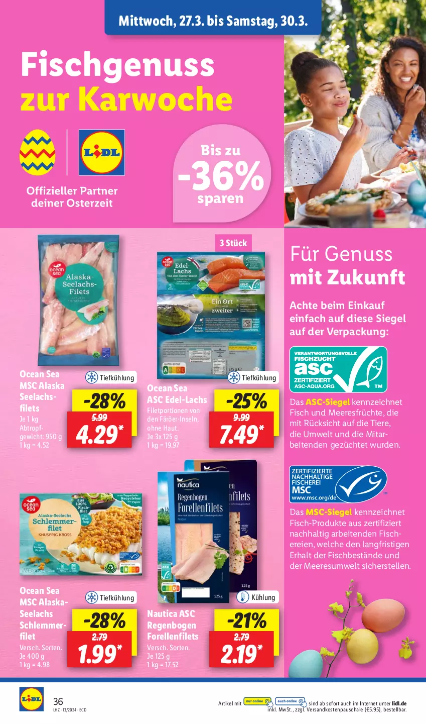 Aktueller Prospekt Lidl - Aktionsprospekt - von 25.03 bis 30.03.2024 - strona 46 - produkty: elle, filet, filets, fisch, Fisch und Meeresfrüchte, fische, Fischer, forelle, früchte, lachs, lachsfilet, lachsfilets, meeresfrüchte, ndk, nuss, rel, Schal, Schale, Schere, schlemmerfilet, seelachsfilet, Ti, Tiere