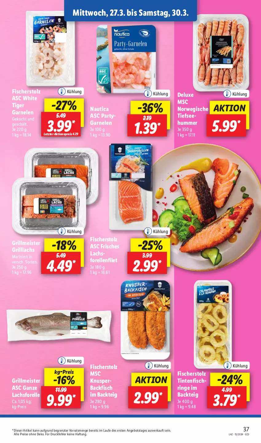 Aktueller Prospekt Lidl - Aktionsprospekt - von 25.03 bis 30.03.2024 - strona 47 - produkty: aktionspreis, angebot, backfisch, eis, elle, filet, fisch, fische, Fischer, forelle, garnelen, grill, lachs, Meister, reis, rel, ring, rwe, Ti, Tintenfischringe, ZTE