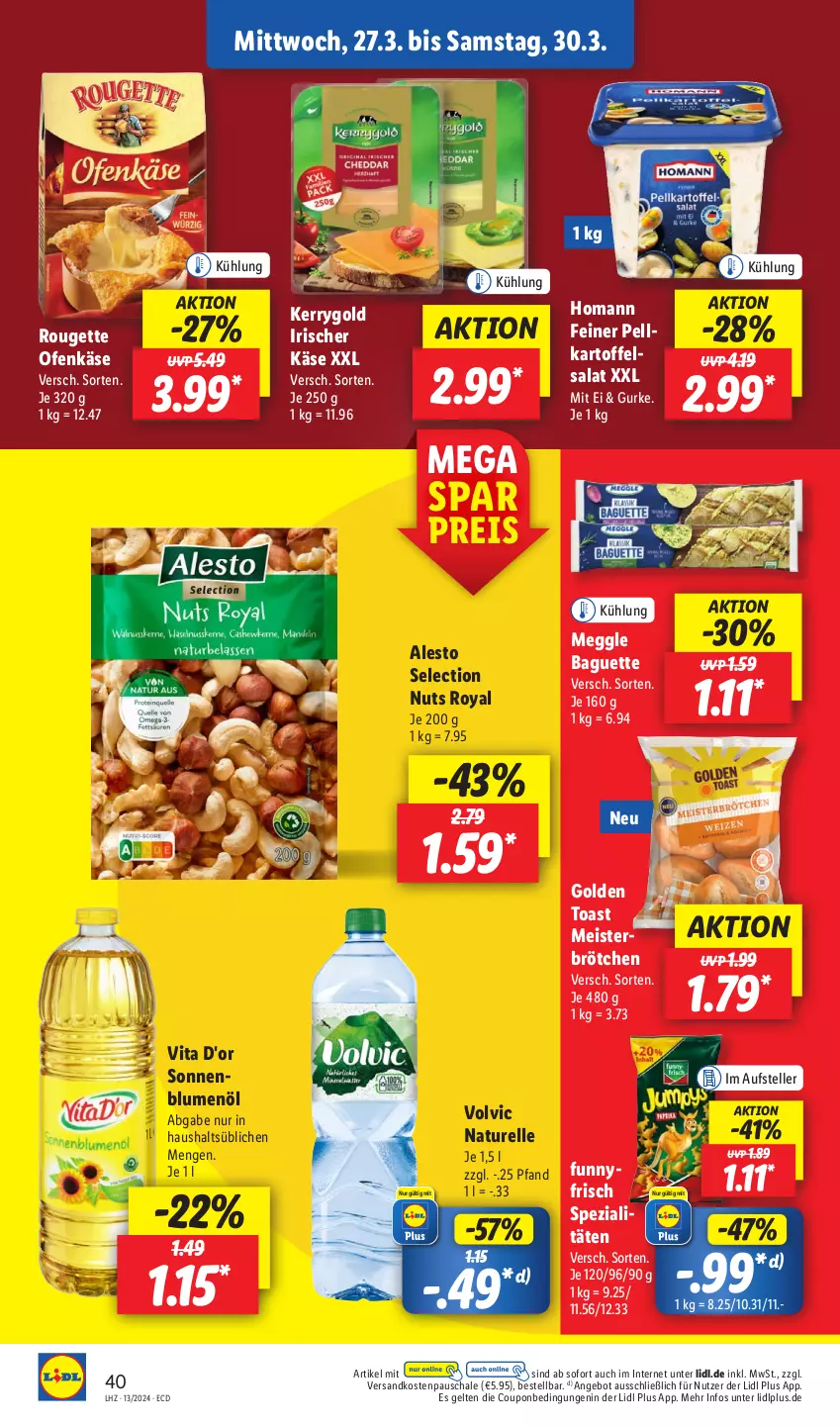 Aktueller Prospekt Lidl - Aktionsprospekt - von 25.03 bis 30.03.2024 - strona 50 - produkty: alesto, angebot, baguette, blume, blumen, blumenöl, brötchen, coupon, eis, elle, golden toast, gurke, homann, kartoffel, Käse, kerrygold, meggle, Meister, natur, ndk, Ofen, Ofenkäse, reis, rel, rouge, rougette, salat, Schal, Schale, Spezi, teller, Ti, toast, vita, volvic